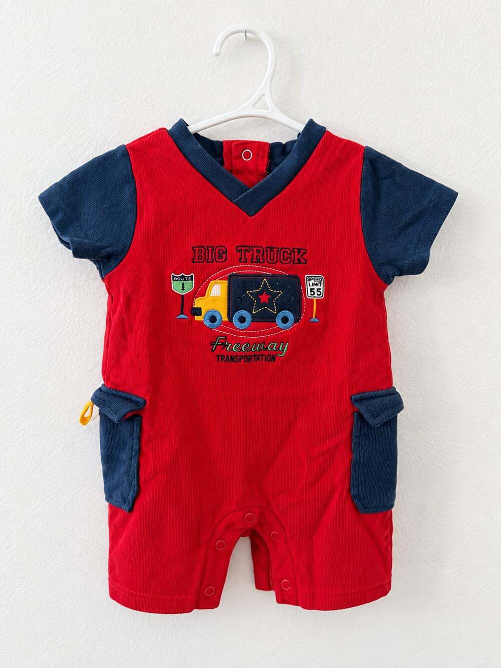 Baby Sprockets Big Truck Color Block Romper Size 6 MOS Red Blue